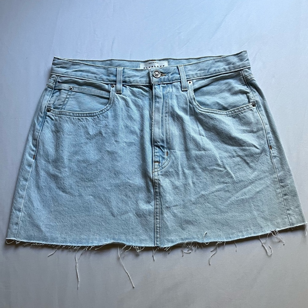 SLVRLAKE light denim cotton raw fray hem mini jean skirt